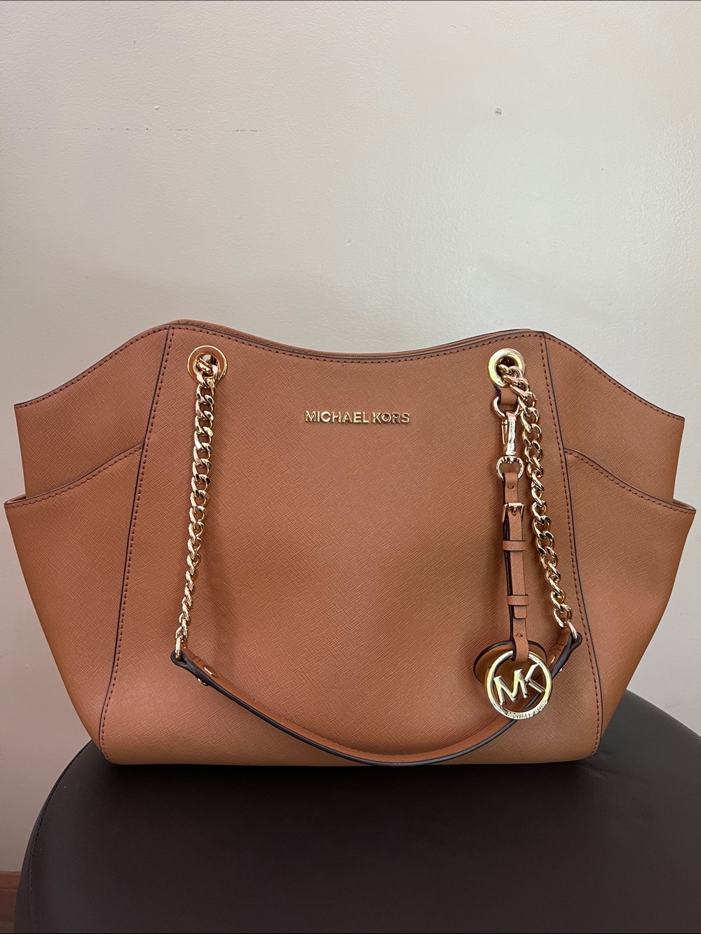 Michael Kors Cognac Saffiano Leather Chain-Handle Tote
